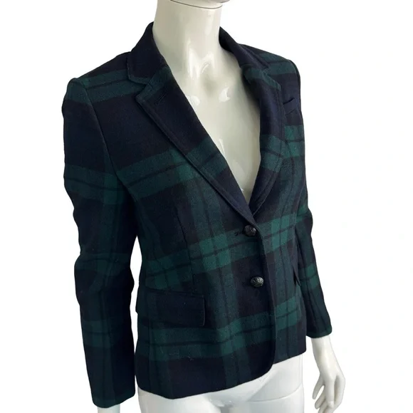 Banana Republic Green Navy Plaid Wool Blazer | Cropped Fit 4P Petite - Picture 6 of 6
